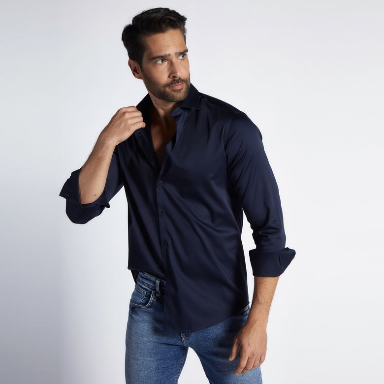 Camisa Social Slim Fit Masculina com Elastano Marinho 1733